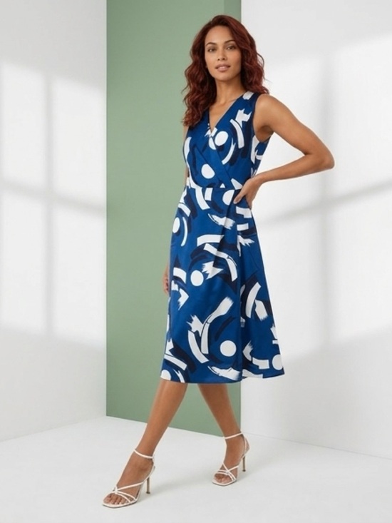 Ralph Lauren Dresses & Skirts - Ralph Lauren Blue and White Abstract Sleeveless V‑Neck Midi Dress